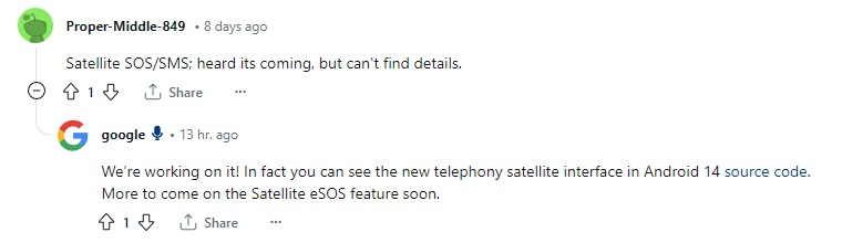 Android 14 AMA - SOS-SMS via satellite