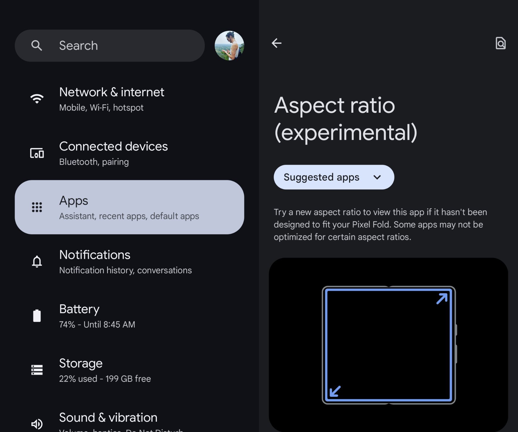 Android 14 QPR1 beta 2 - Aspect ratio su Pixel Fold