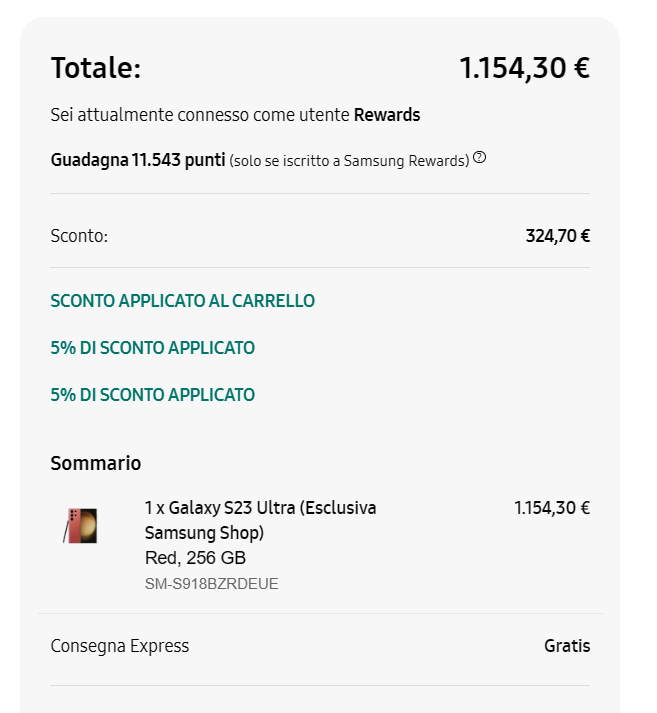 esempio offerta Samsung Shop Online con Galaxy S23 Ultra