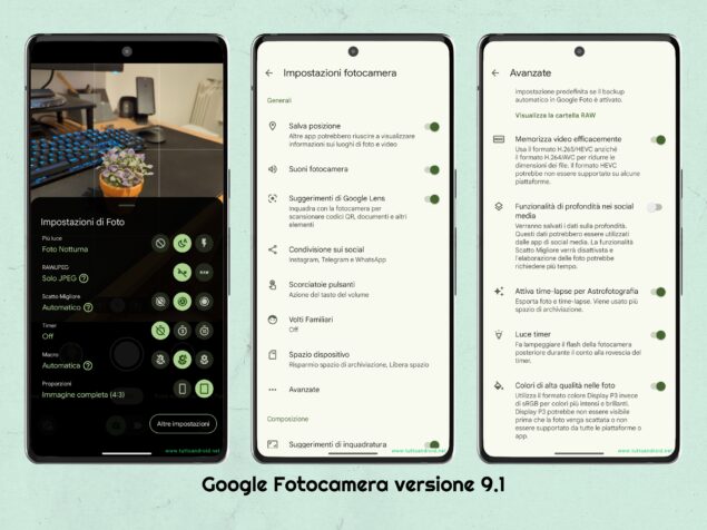Google Fotocamera versione 9.1 - impostazioni