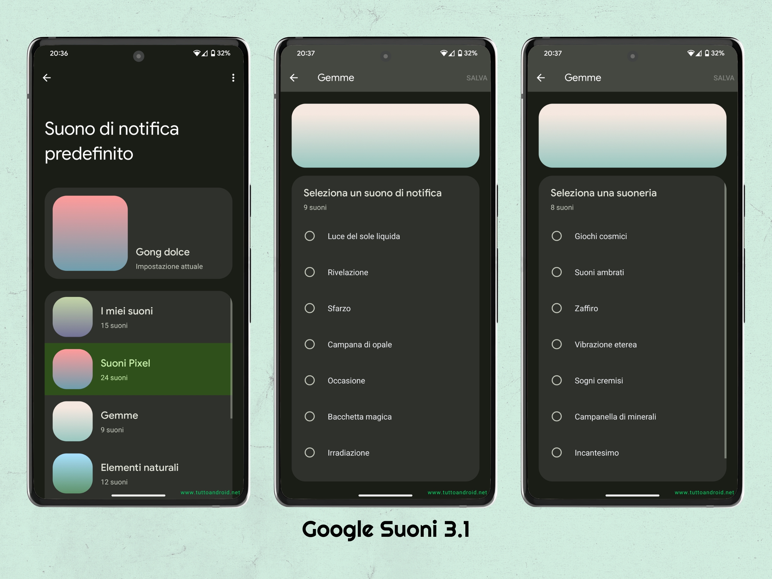 La collezione "Gemme" di toni di notifica e suonerie su Google Suoni