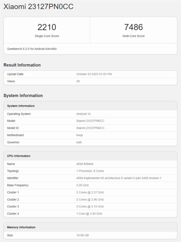 Xiaomi 14 - Geekbench 6