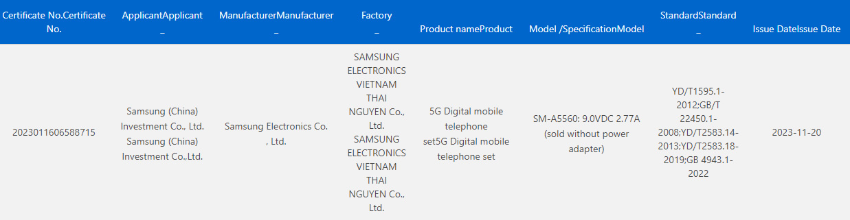 Samsung Galaxy A55 certificazione 3C
