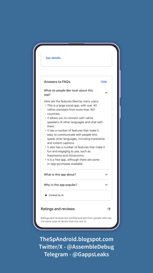 FAQ generate dall'IA sul Google Play Store