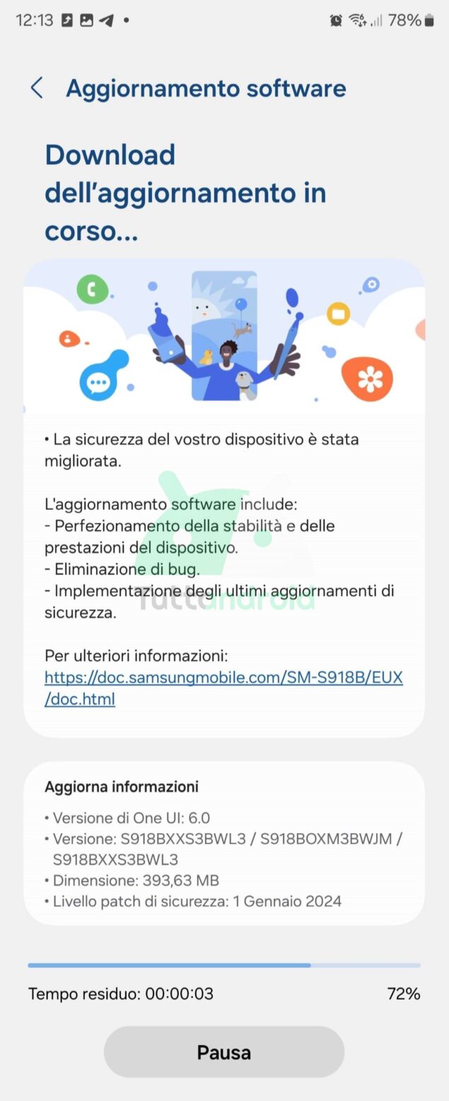 aggiornamento serie Samsung Galaxy S23 patch di gennaio 2024