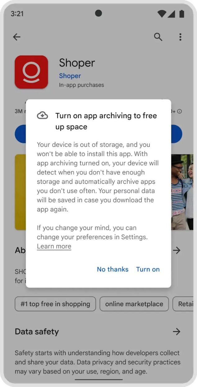 Android 15 supporto nativo archiviazione app
