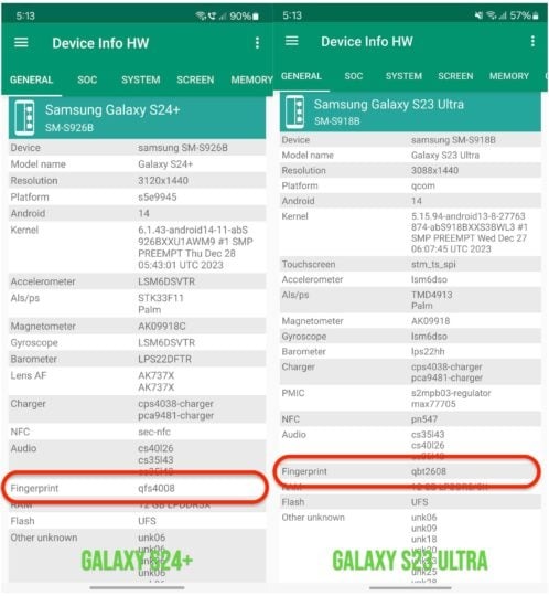 confronto sensori per le impronte digitali Samsung Galaxy S24 Plus e S23 Ultra