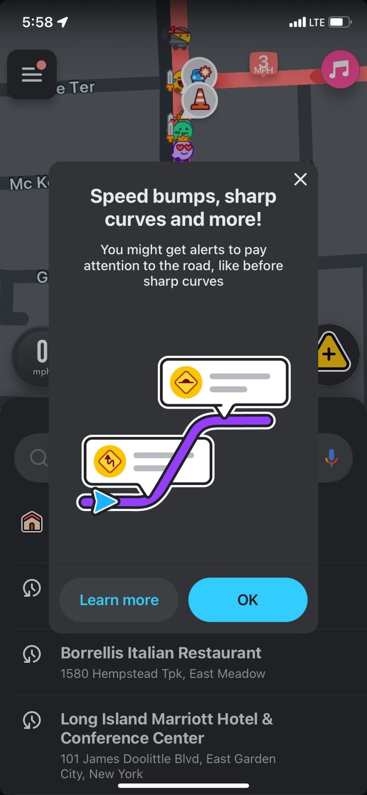Waze avvisi per dossi e curve strette