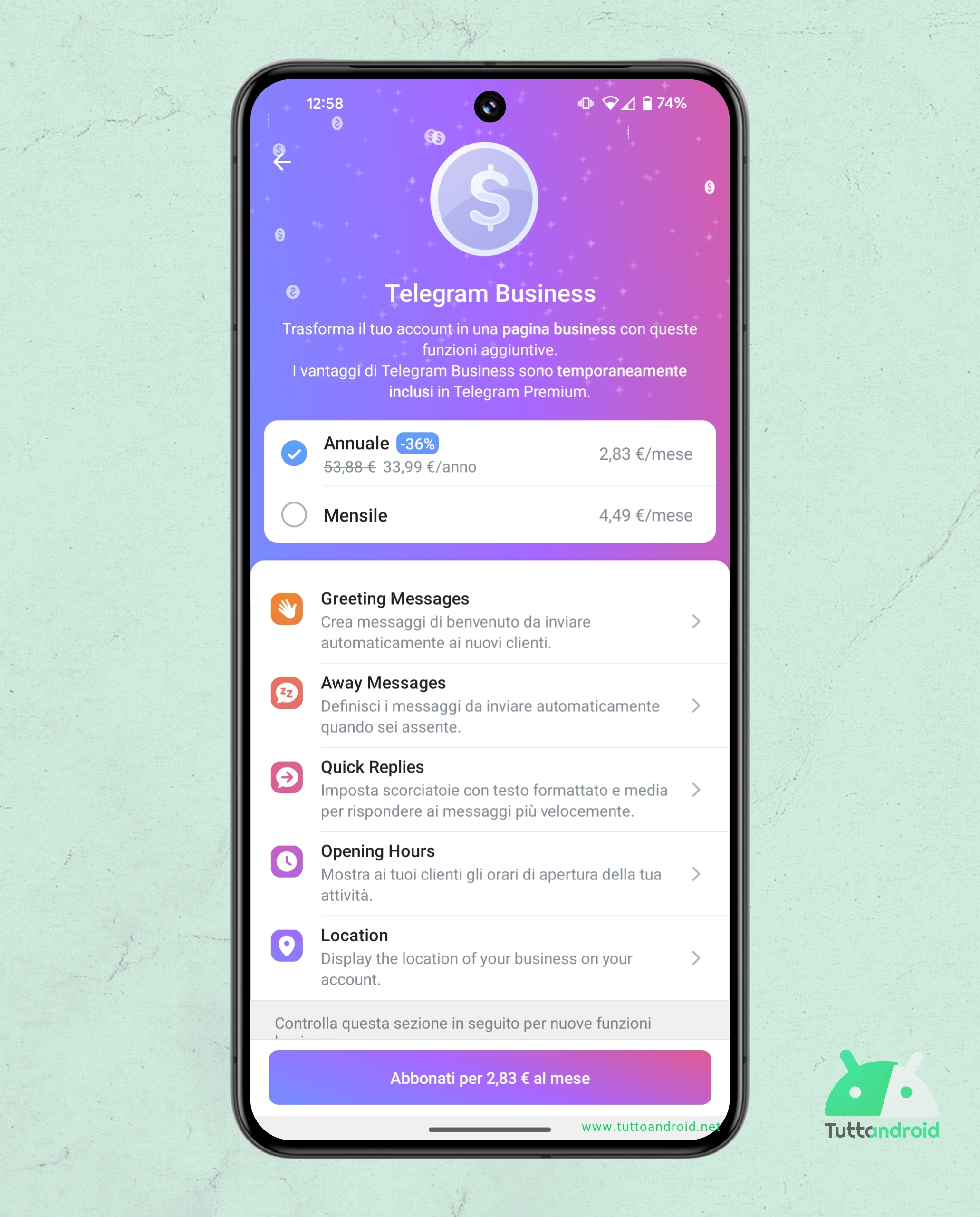 Canone mensile richiesto per il piano Telegram Business