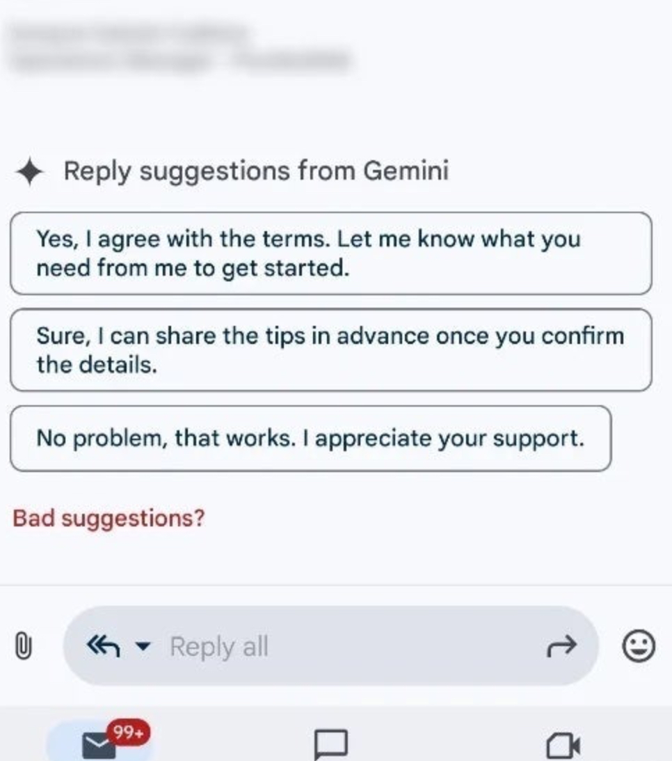 Esempio di suggerimento di risposta su Gmail proposto da Gemini