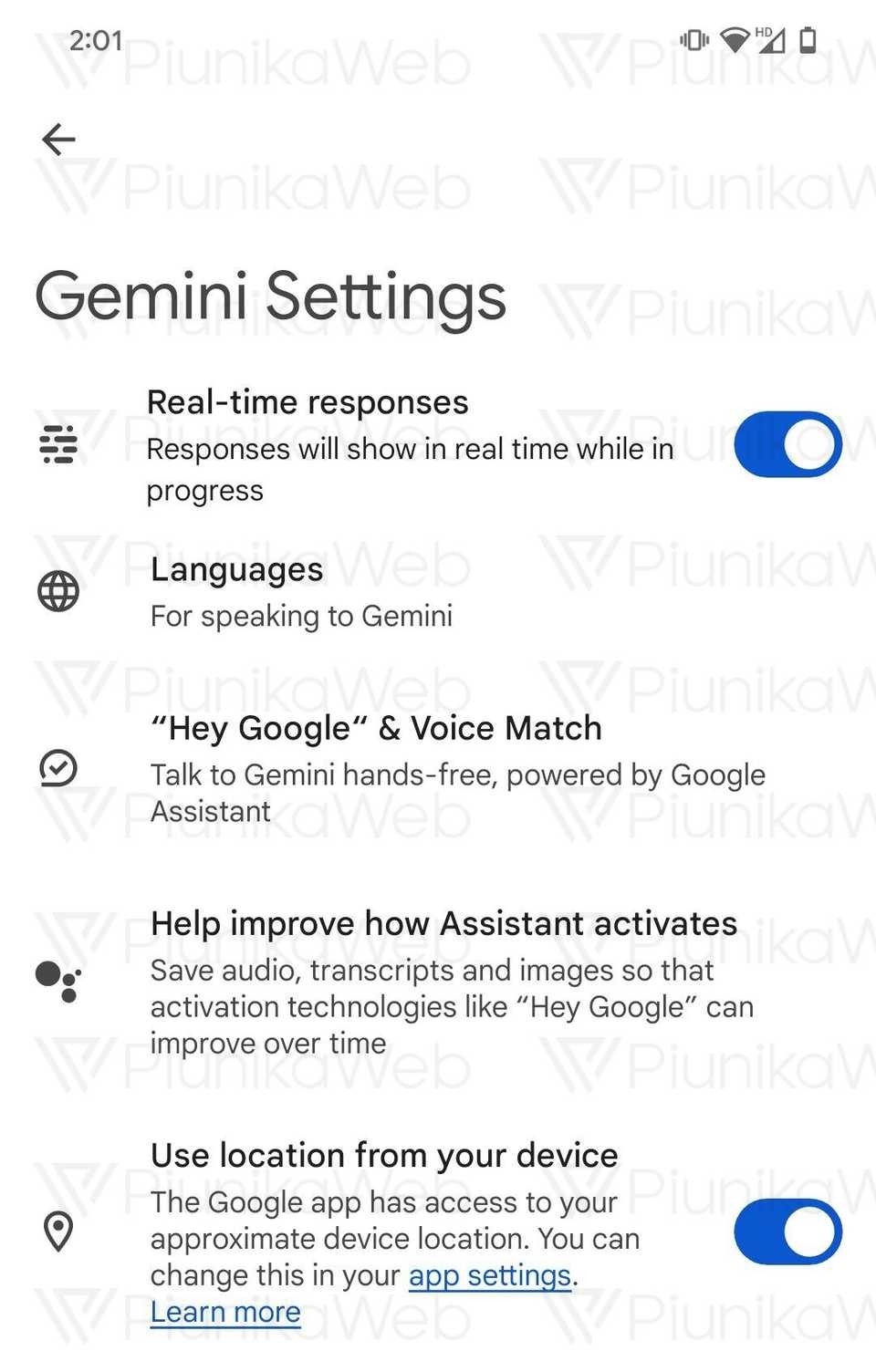 app Android Gemini opzione risposte in tempo reale