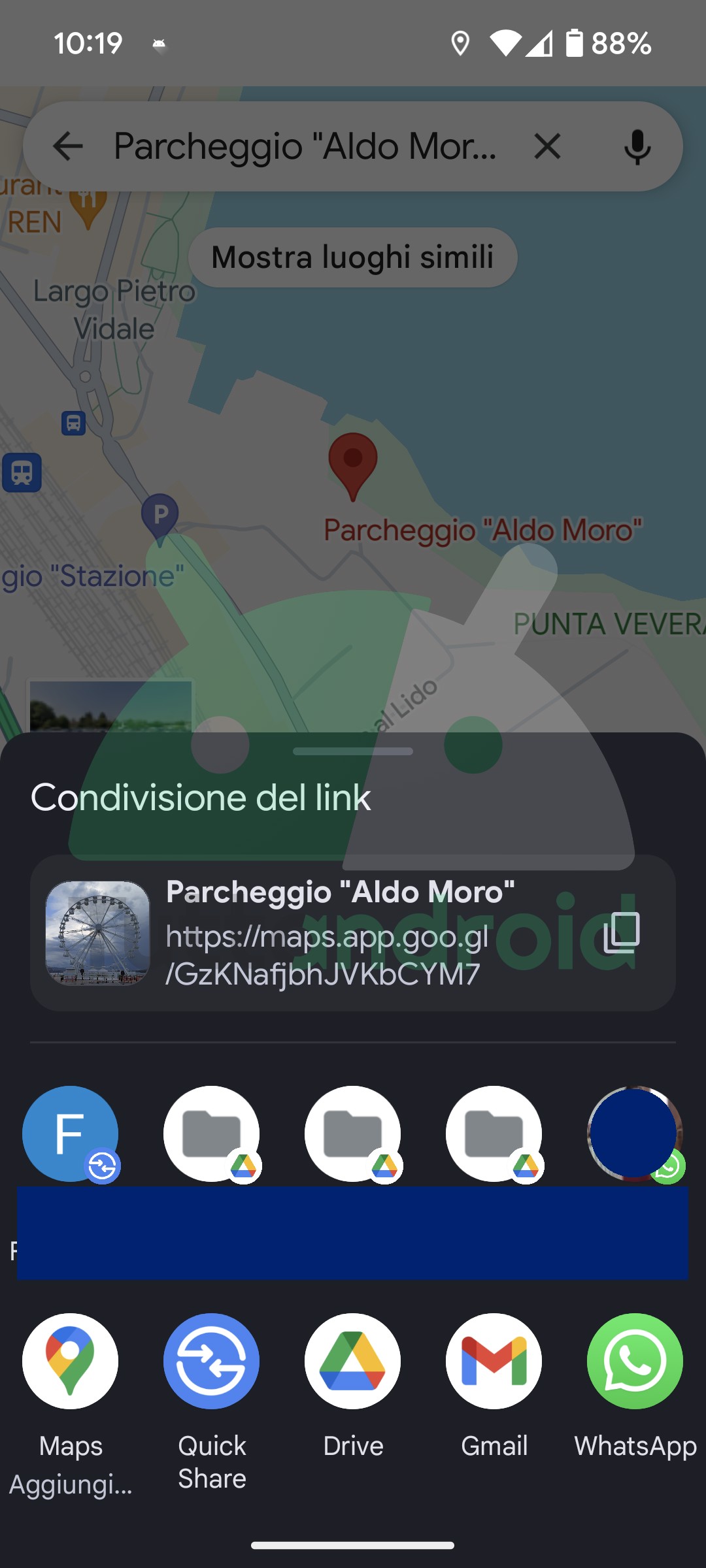 Google Maps foglio di condivisione Android 14