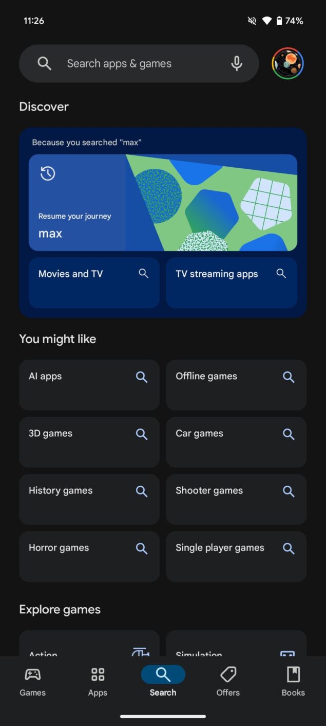 Google Play Store nuova scheda ricerca barra permanente