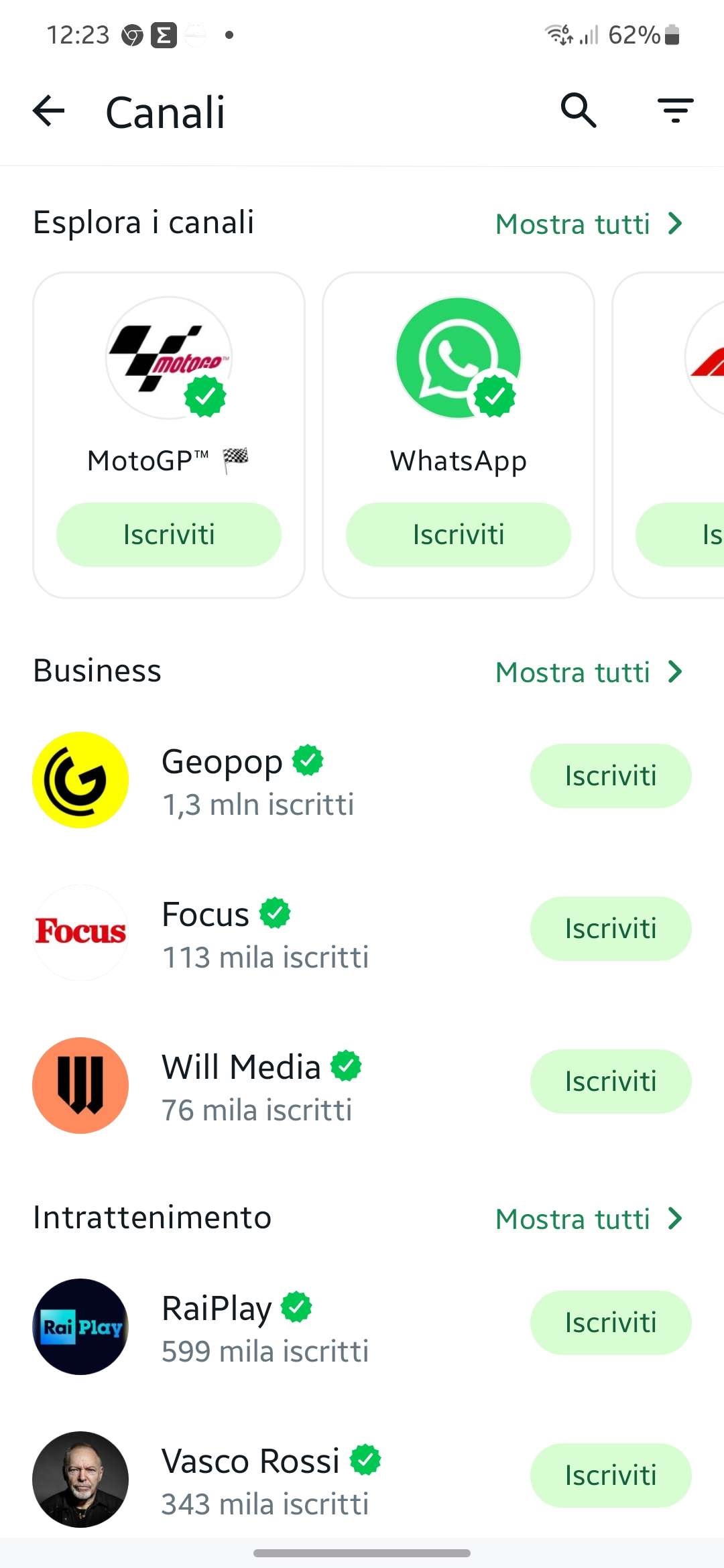 WhatsApp beta categorie canali