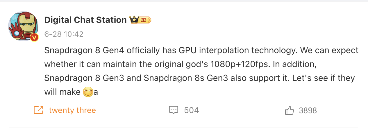 DCS rumor Qualcomm Snapdragon 8 Gen 4 Adreno 830 interpolazione frame