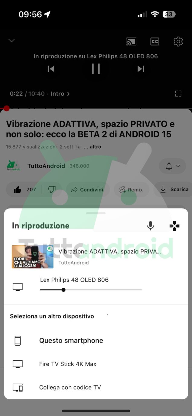 YouTube nuovo menù trasmissione