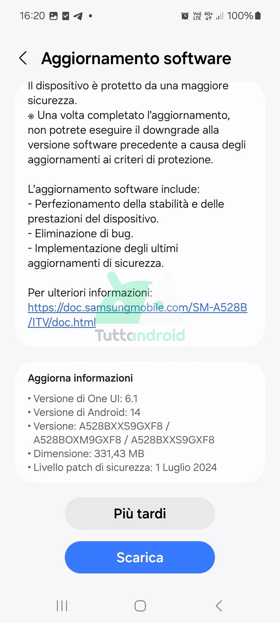 aggiornamento patch di sicurezza di luglio 2024 Samsung Galaxy A52s 5G
