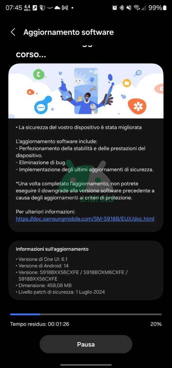 aggiornamento patch di sicurezza di luglio 2024 Samsung Galaxy S23 Ultra