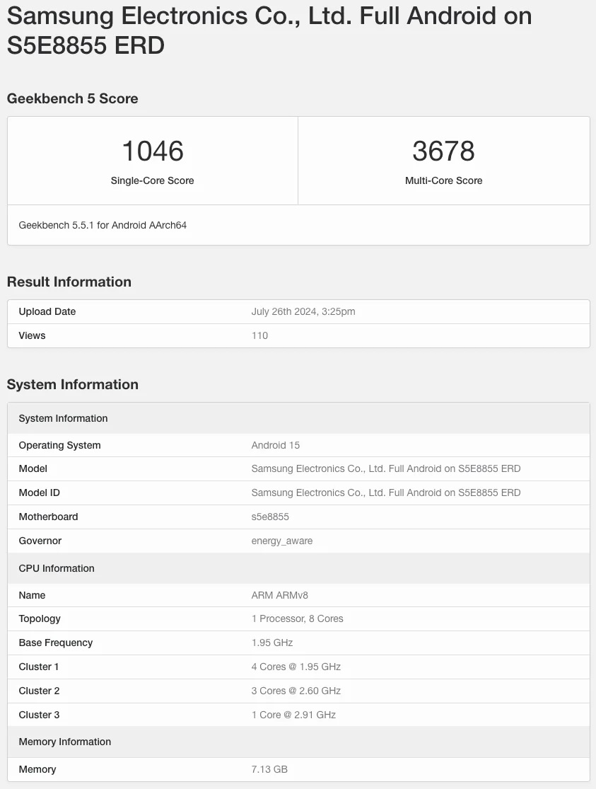 Samsung Exynos 1580 Geekbench leak