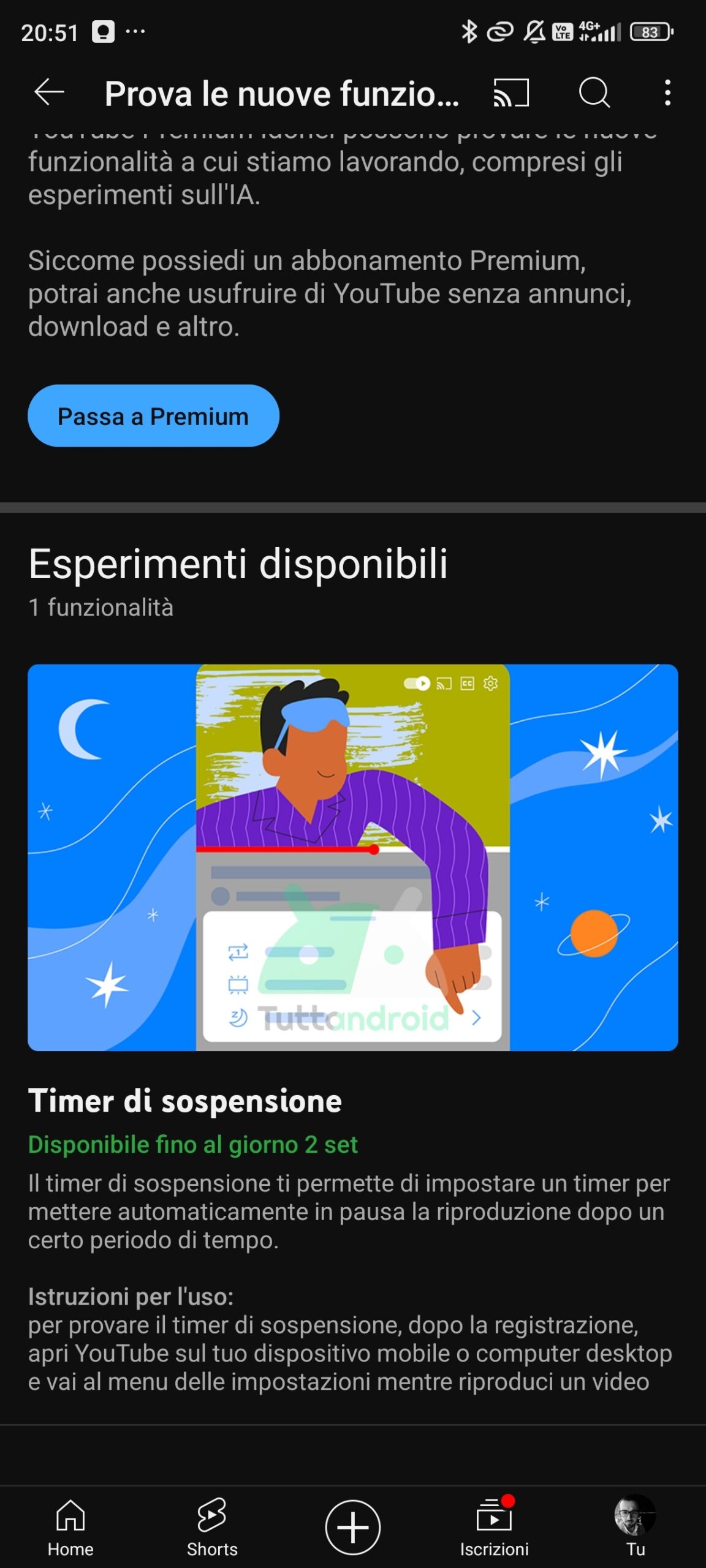 YouTube Premium Timer di sospensione