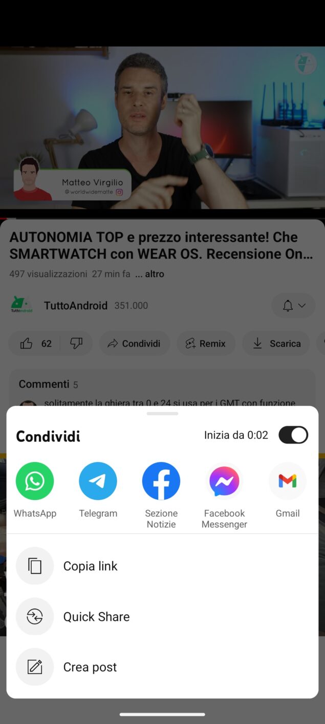 YouTube Android condivisione con timestamp 1