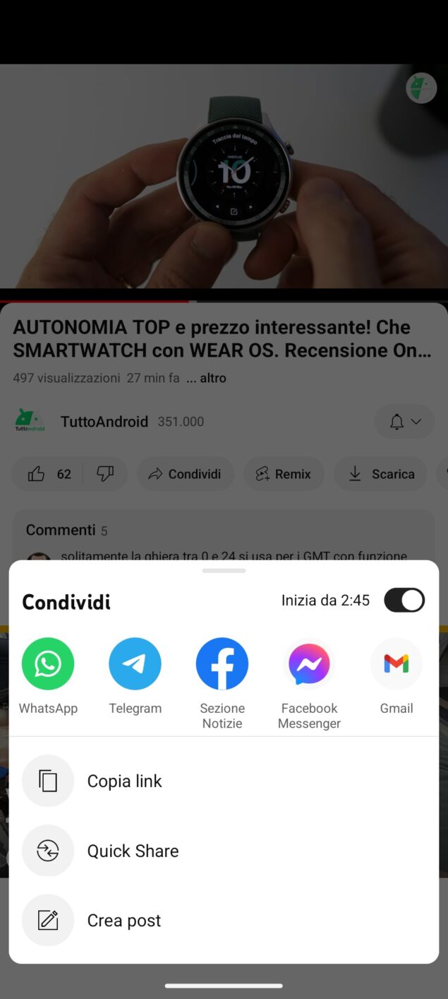 YouTube Android condivisione con timestamp 2