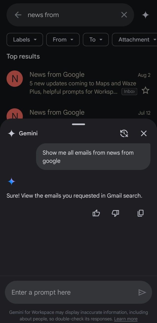 aggiornamento gemini su Gmail - Gemini search