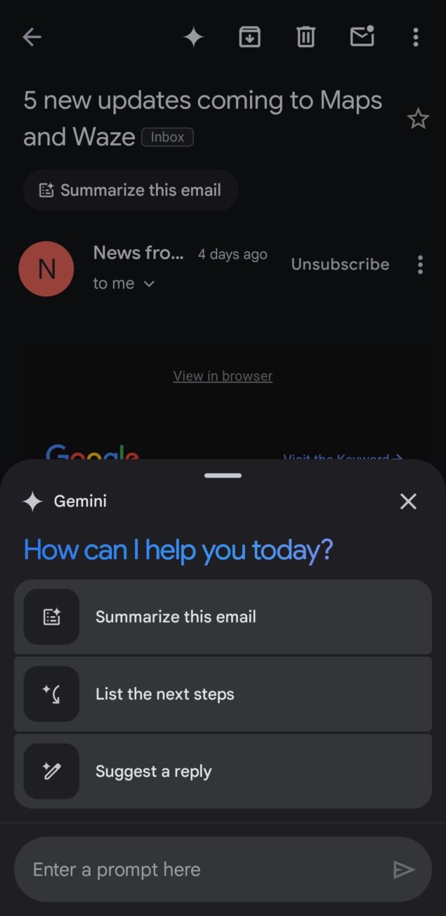 aggiornamento gemini su Gmail - sommario