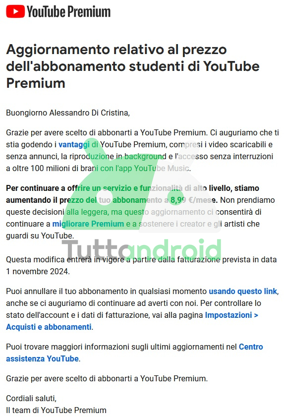 YouTube Premium mail aggiornamento piano Studenti (Settembre 2024)