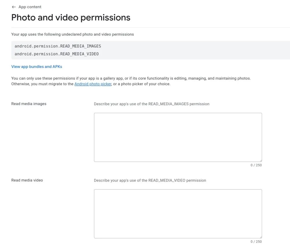 documenti permessi foto e video Google Play Store
