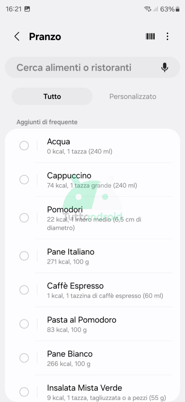 scansione cibo in Samsung Health