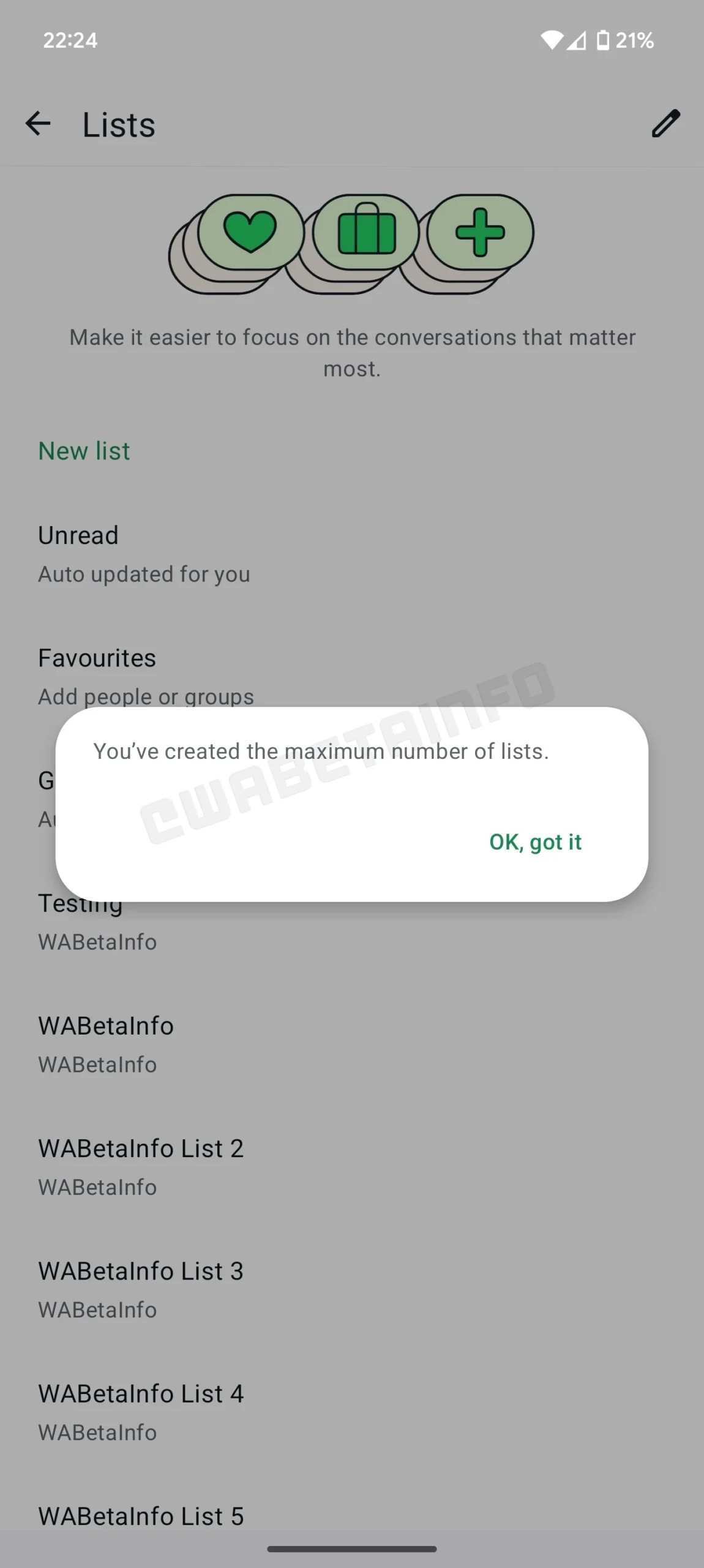 WhatsApp beta limite 20 elenchi