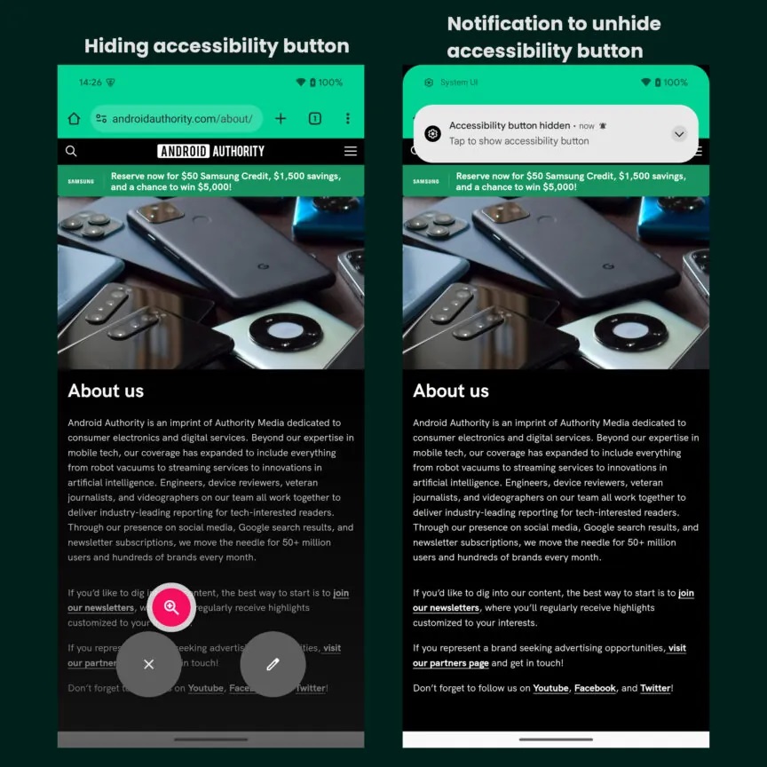 Android 15 test notifica pulsante accessibilità