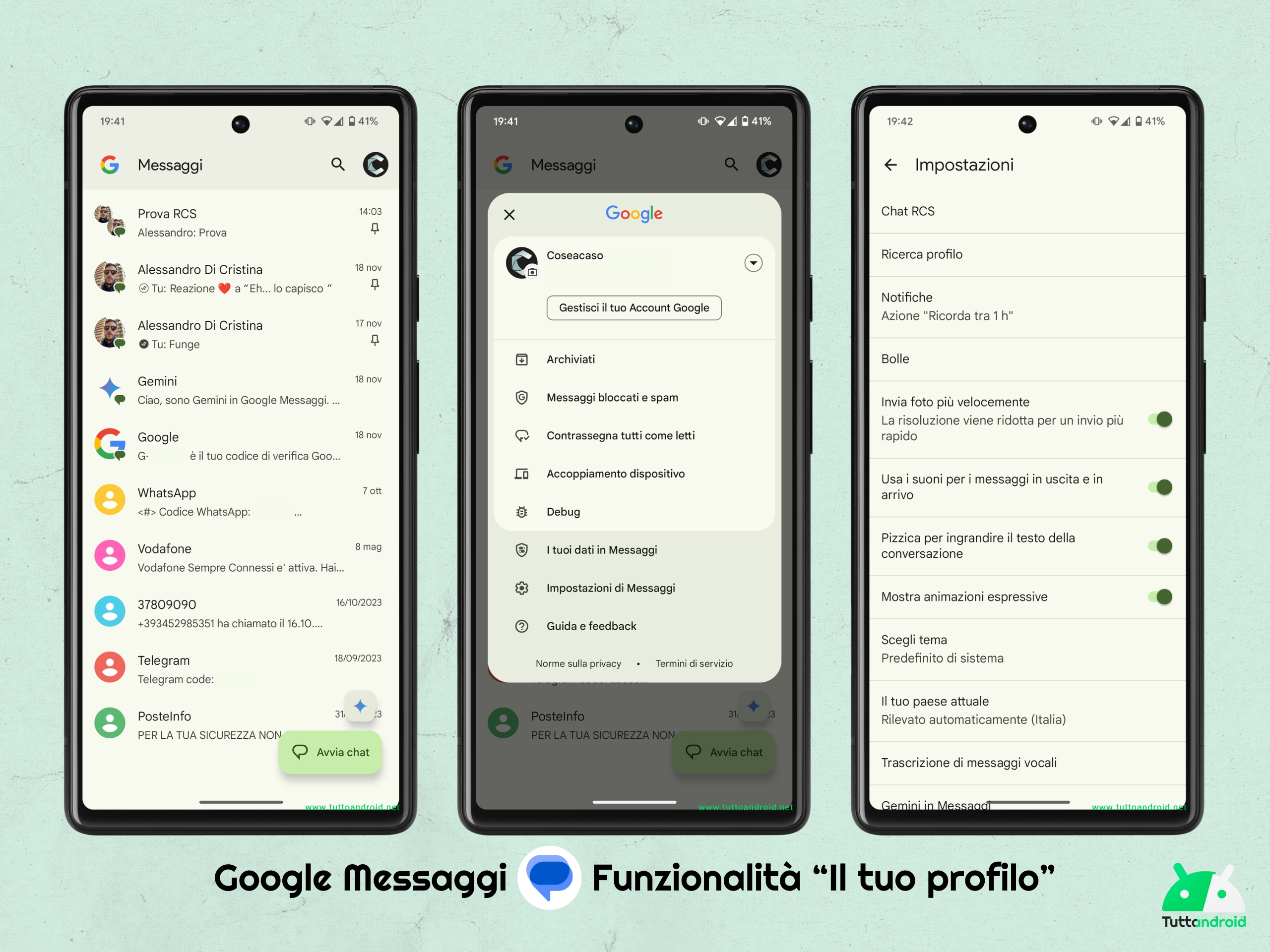 Google Messaggi - Impostazioni Funzionalità il tuo profilo