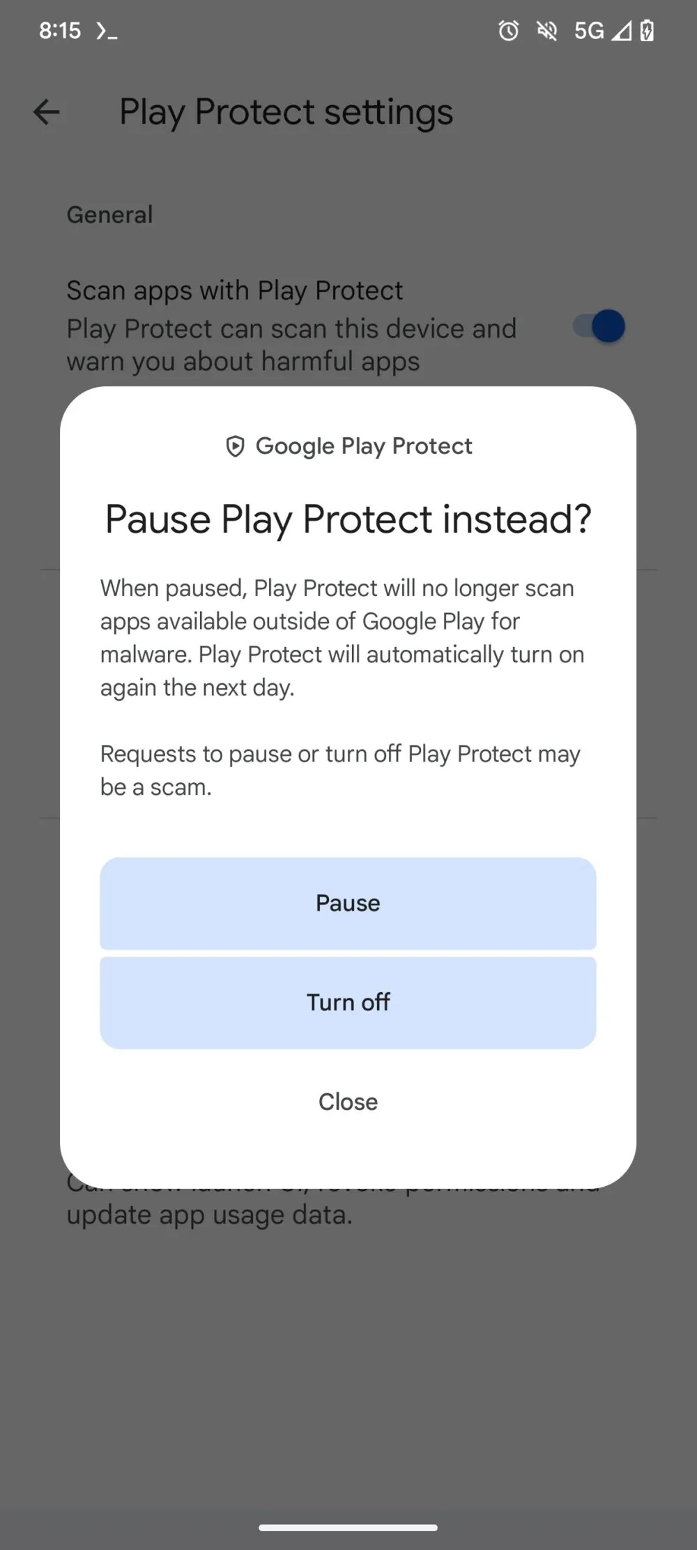 Google Play Protect test opzione pausa