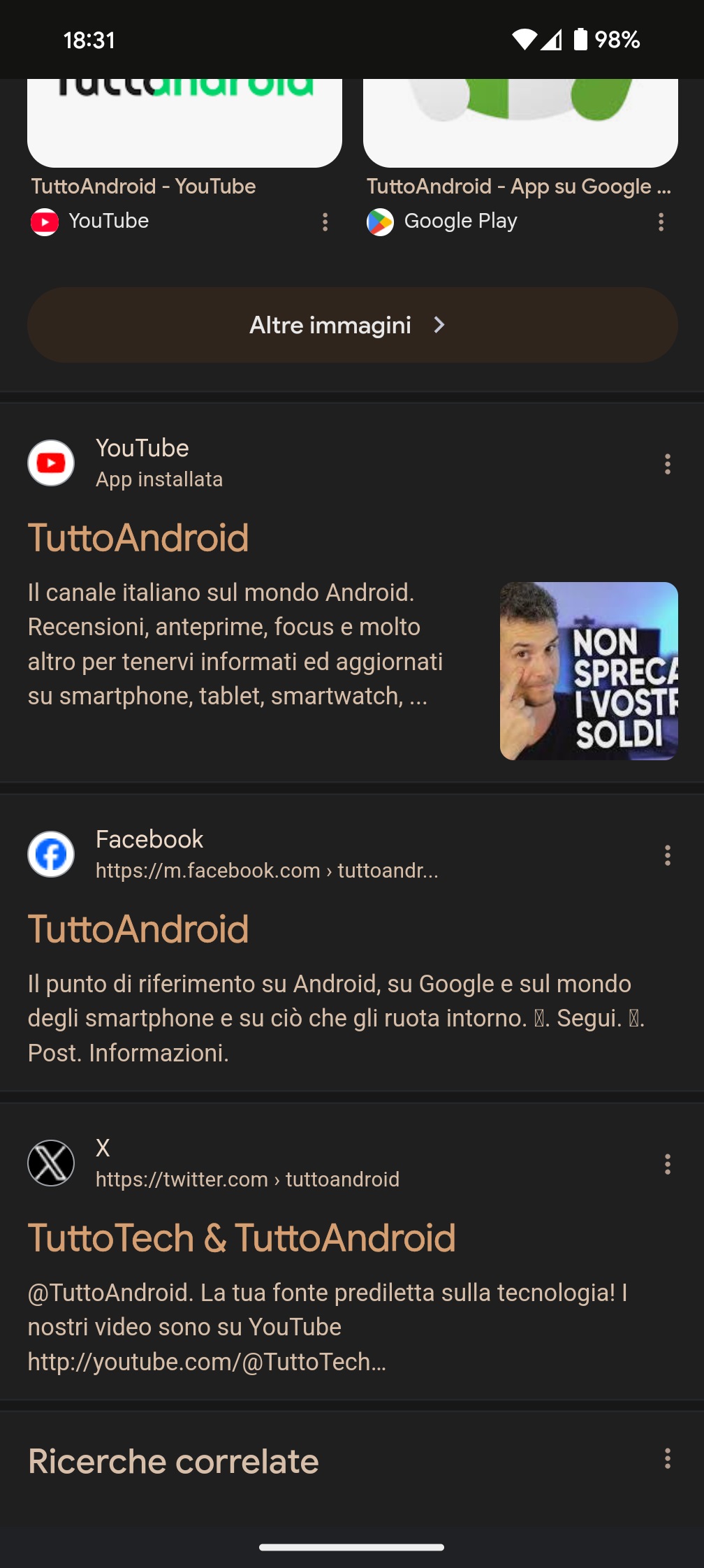 Ricerca Google test risultati arancioni modalità scura