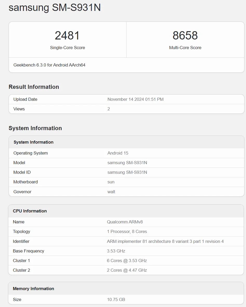 Samsung Galaxy S25 Geekbench