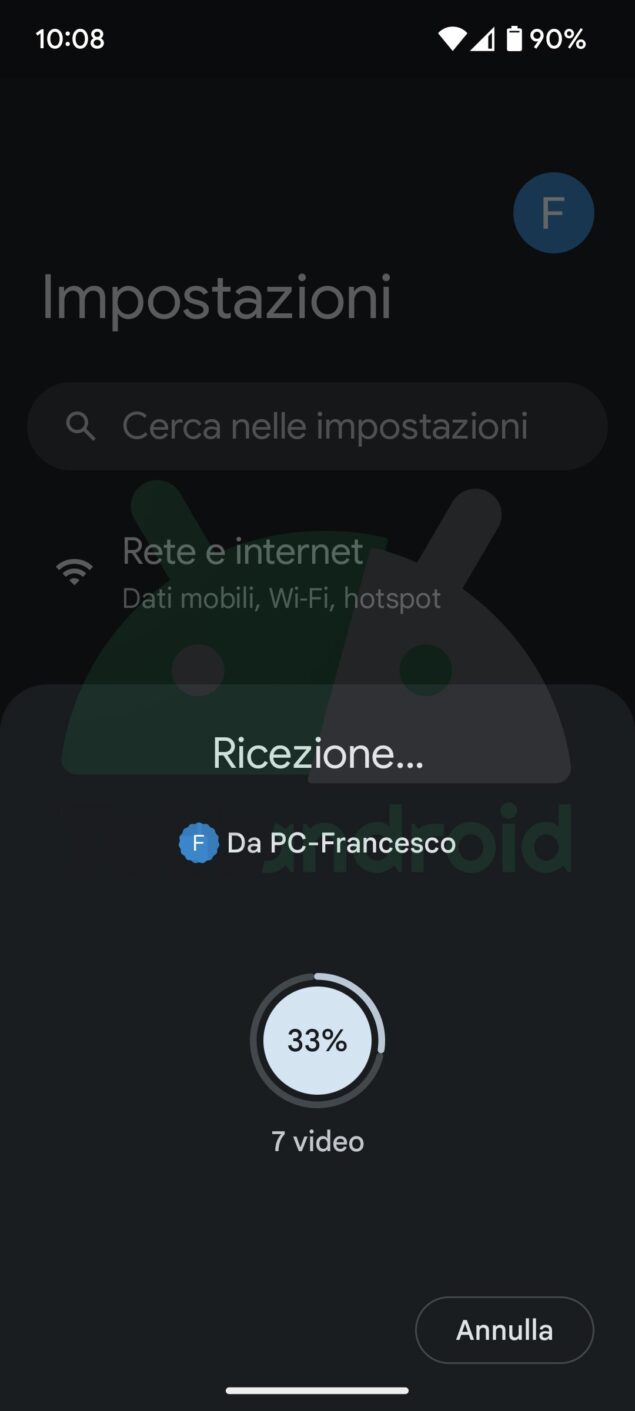 Quick Share percentuale avanzamento condivisione