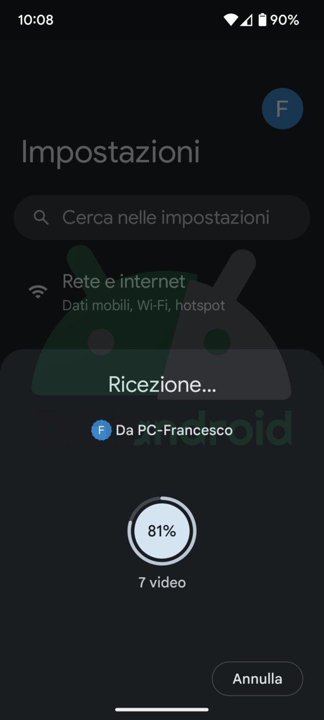 Quick Share percentuale avanzamento condivisione