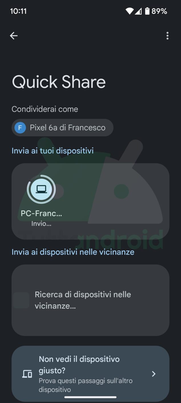 Quick Share percentuale avanzamento condivisione