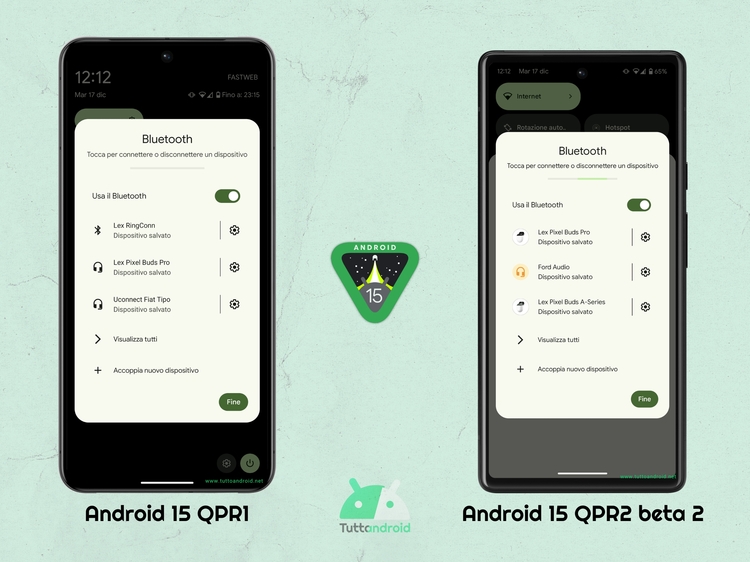 Android 15 QPR2 beta 2 - Icone dispositivi Bluetooth connessi con Fast Pair