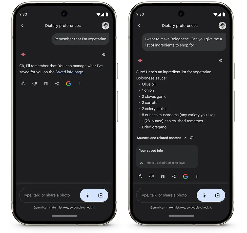 Pixel Drop dicembre 2024 - Gemini informazioni salvate