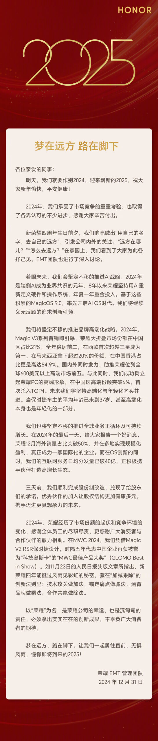 HONOR CEO Zhao 2024-2025