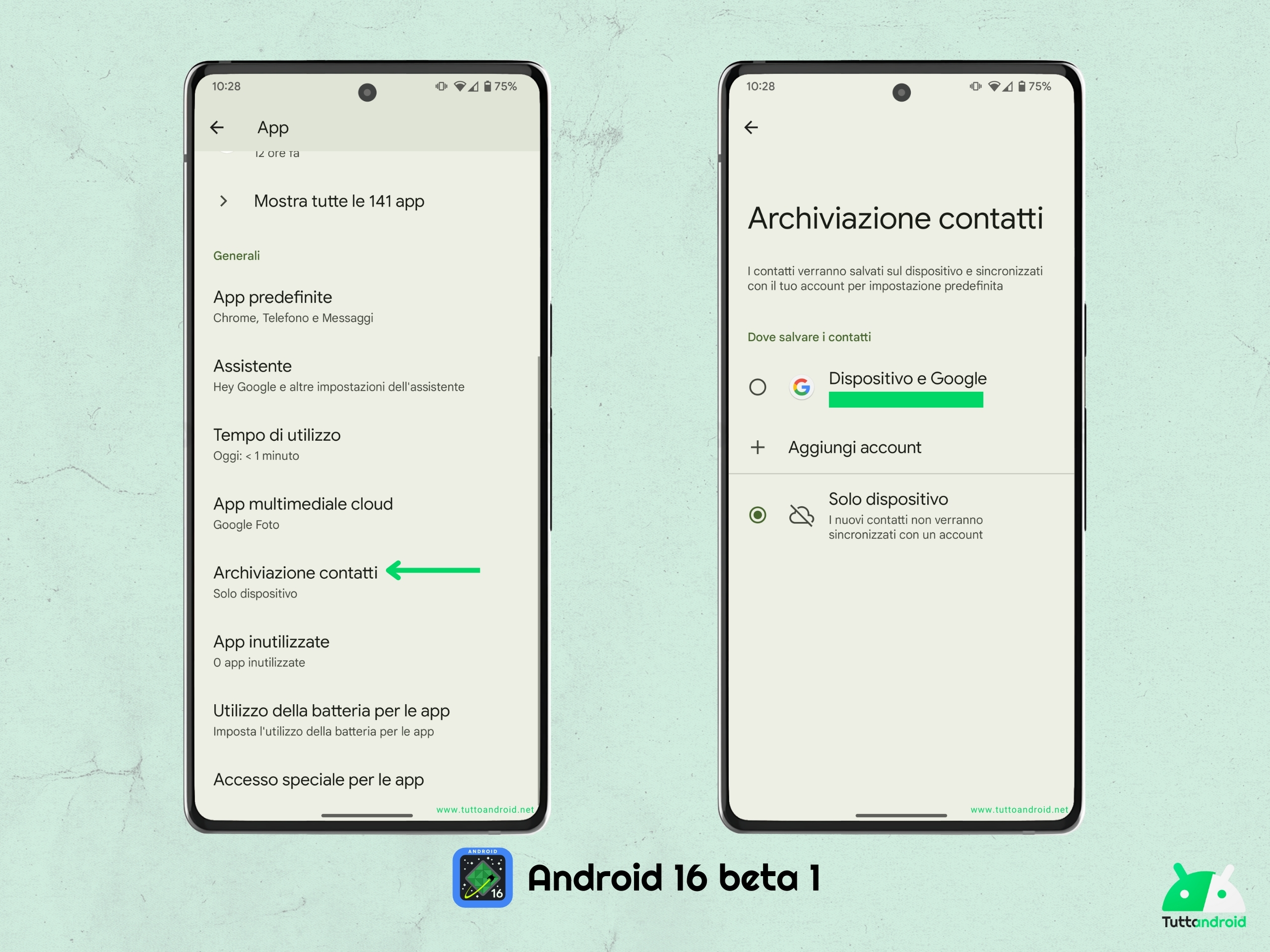 Android 16 DB1 - Impostazioni - Archiviazione contatti