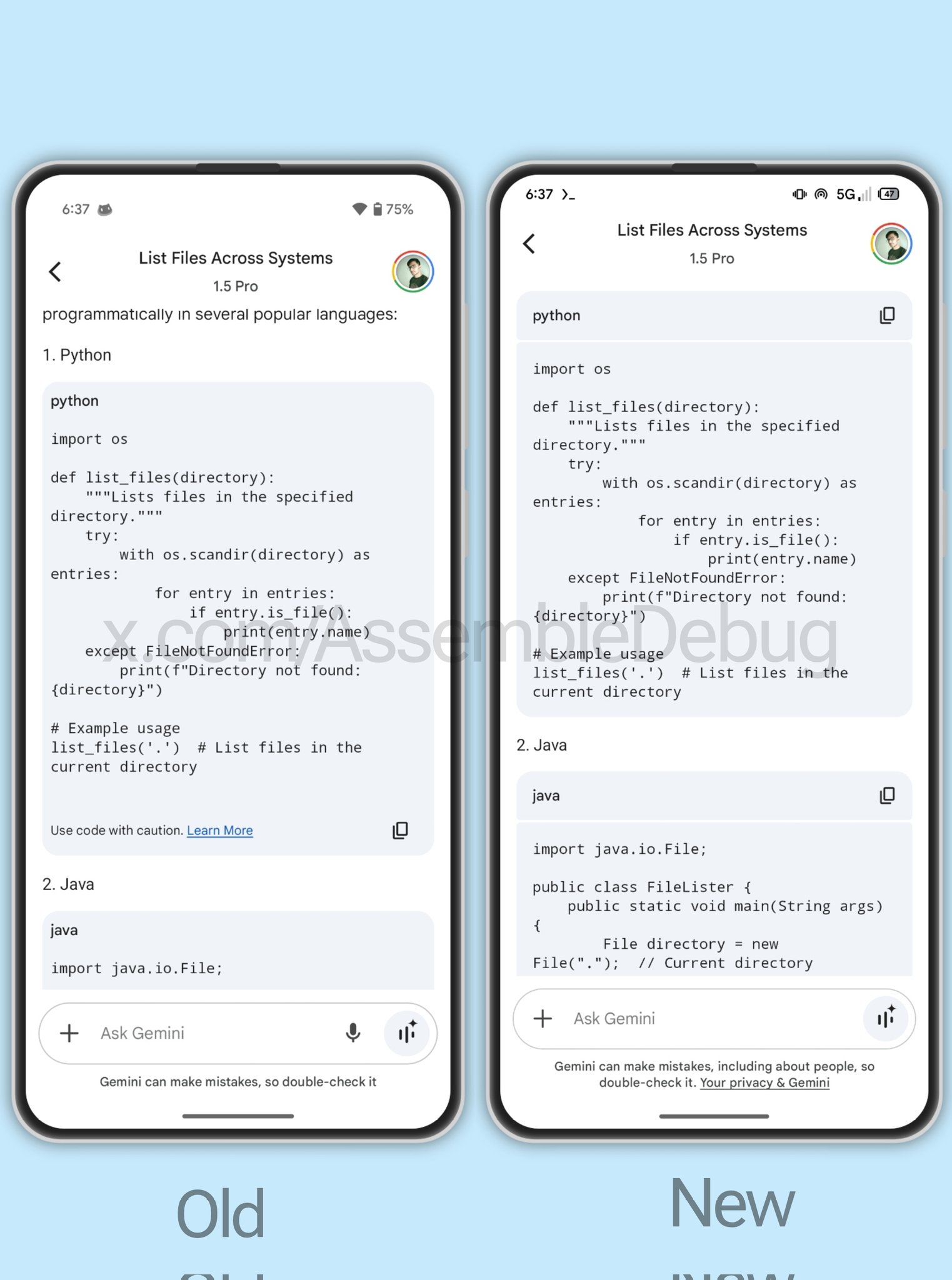 Google Gemini - Blocchi di codice riprogettati gennaio 2025