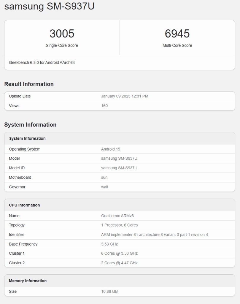 Samsung Galaxy S25 Slim Geekbench