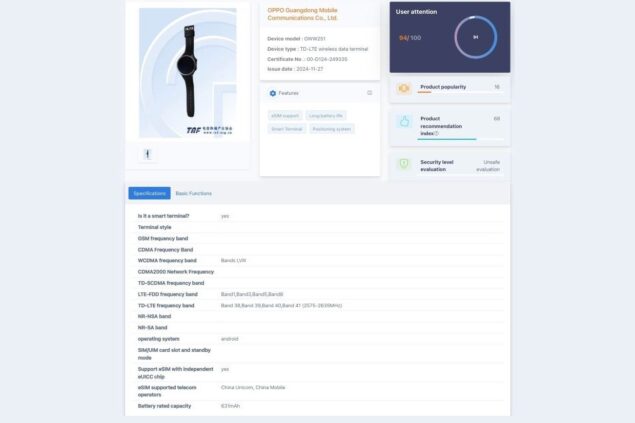 smartwatch oppo TENAA