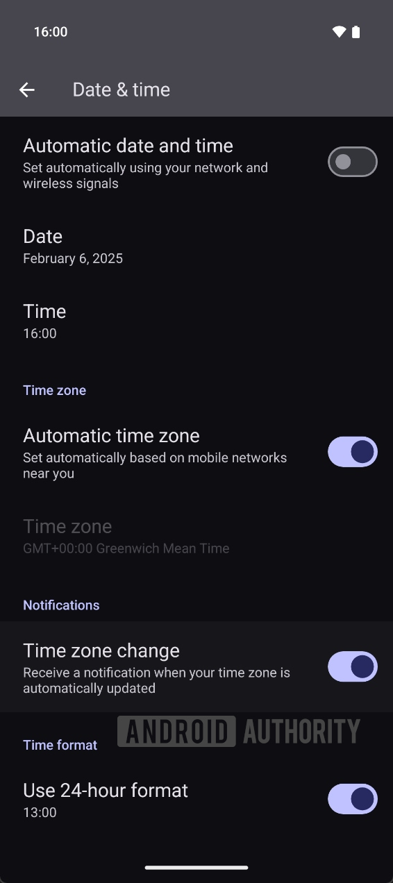 Android 16 DB1 - notifica cambio fuso orario