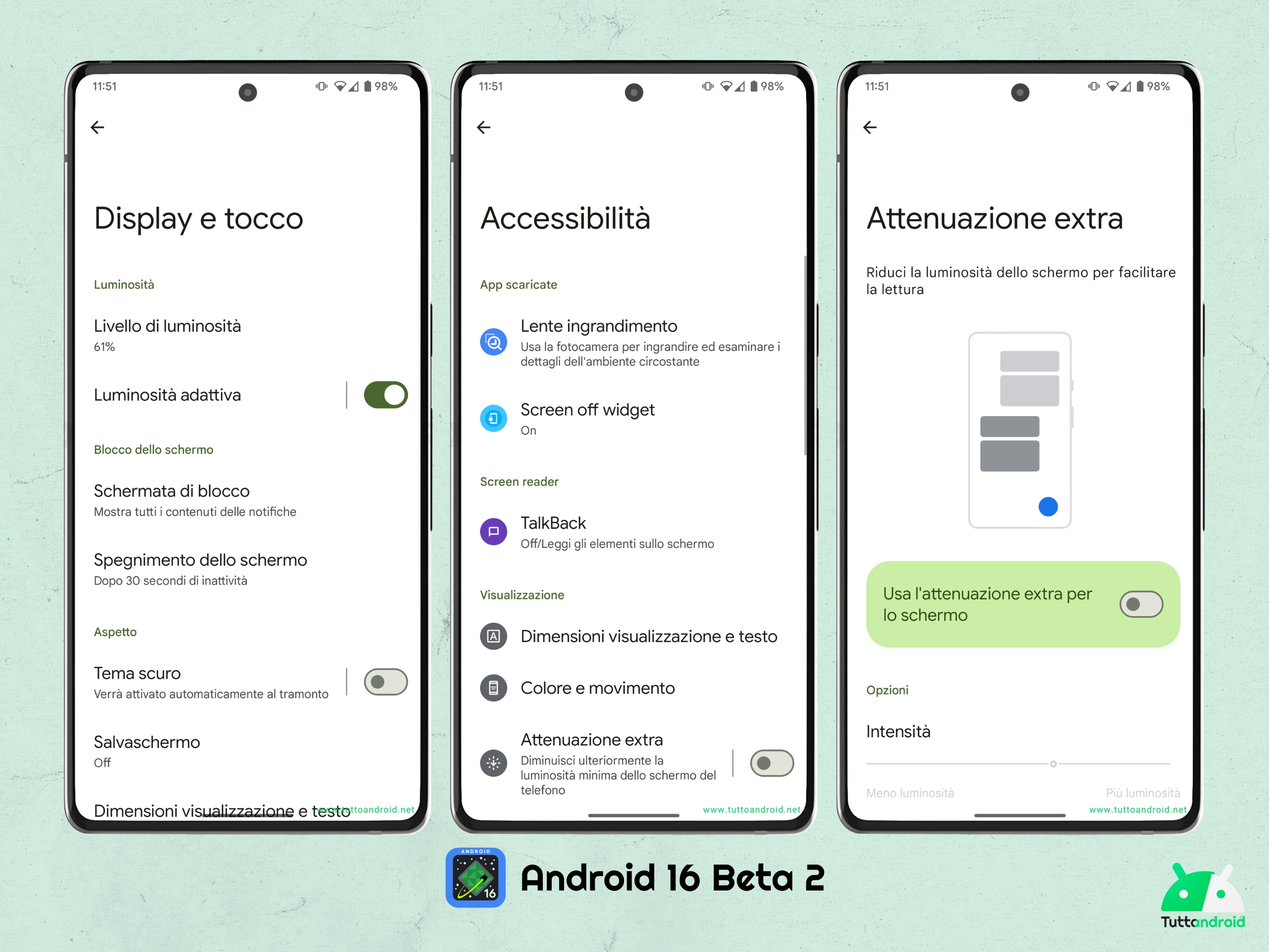 Android 16 beta 2 - Impostazioni - Attenuazione extra su Google Pixel 7 Pro