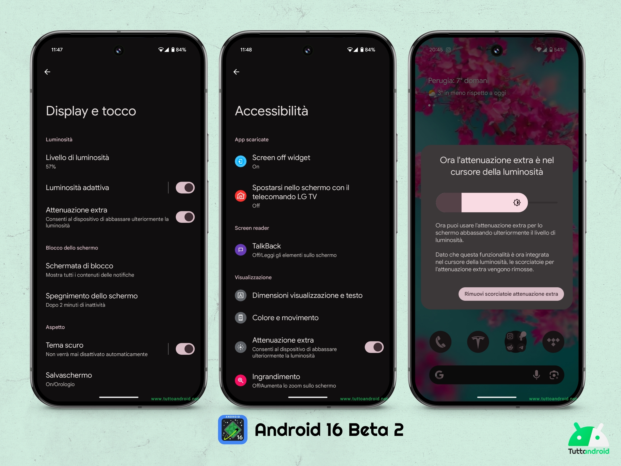 Android 16 beta 2 - Impostazioni - Attenuazione extra su Google Pixel 9 Pro XL
